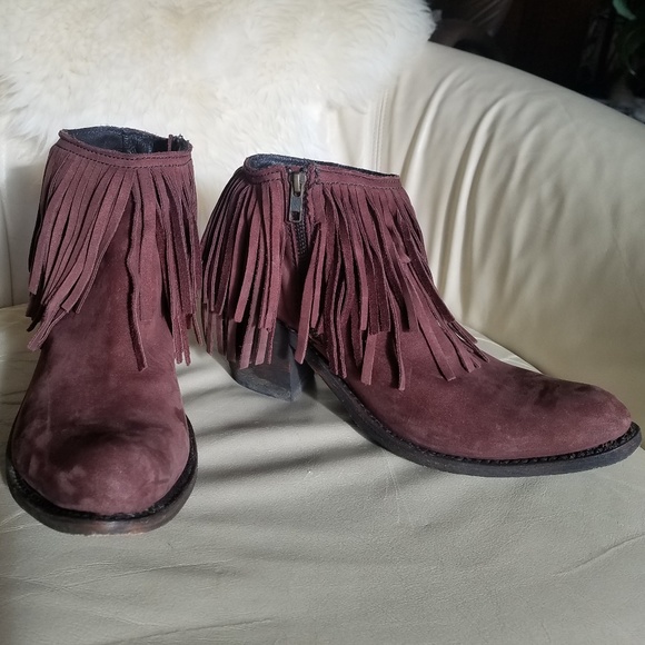 Burgundy wine real leather fringe booties - Picture 2 of 7
